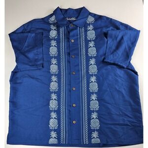 Caribbean Hawaiian Men's XL Blue Button-Up Silver Embroidered Pineapple Design‎